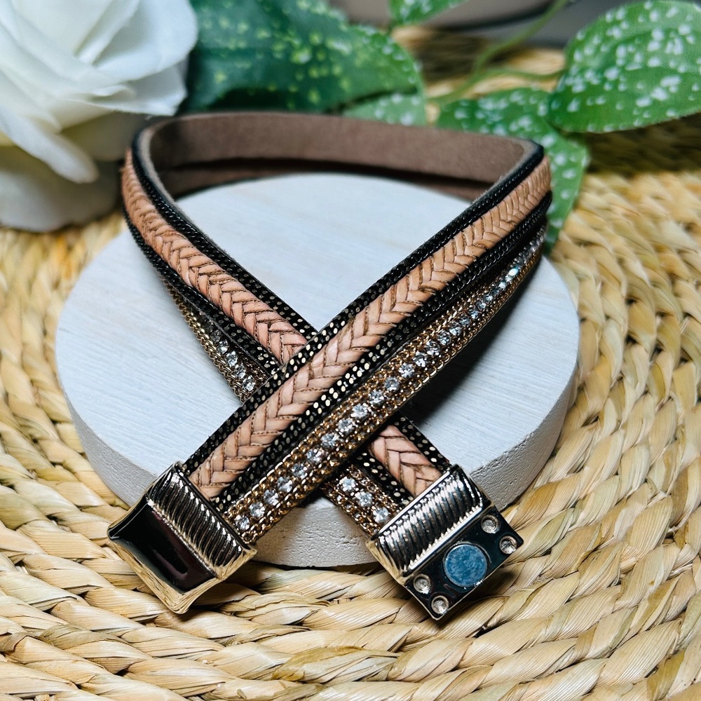 Multiple Layer Crystal, Brass, Braided Leather Wr… - image 4